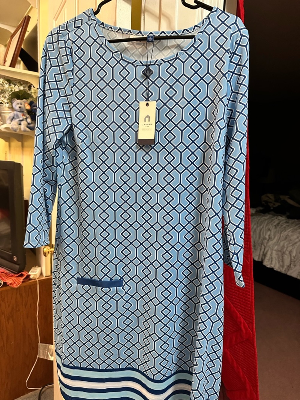 Cabana Life Light Blue & Navy Geometric Long Sleeve Shift Dress